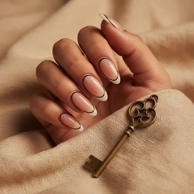 French-revival Reverse-french Long Almond Nails — Thin Black Line at t