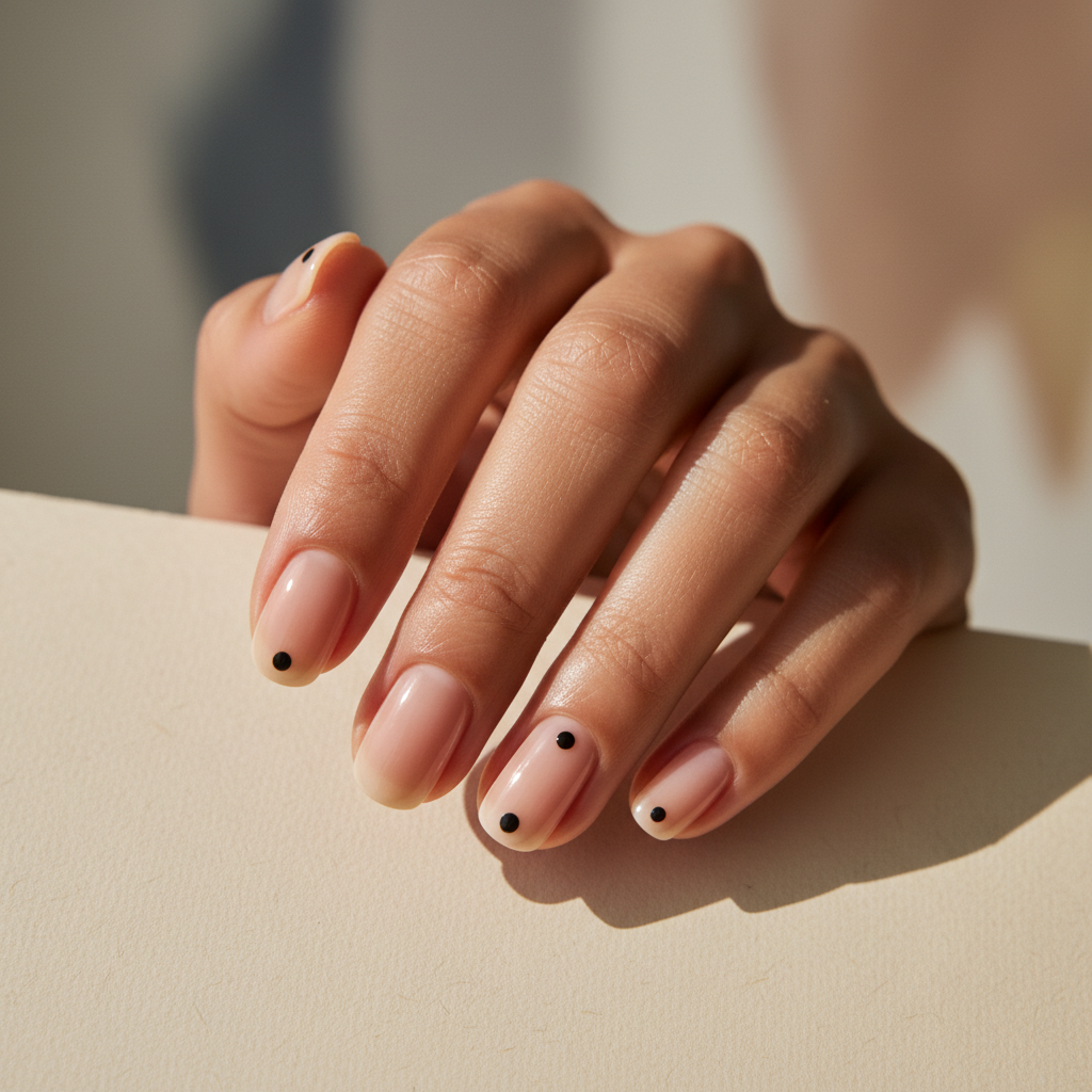 Minimal-aesthetic Short Squoval Nails — Single Negative-space Dot Acce