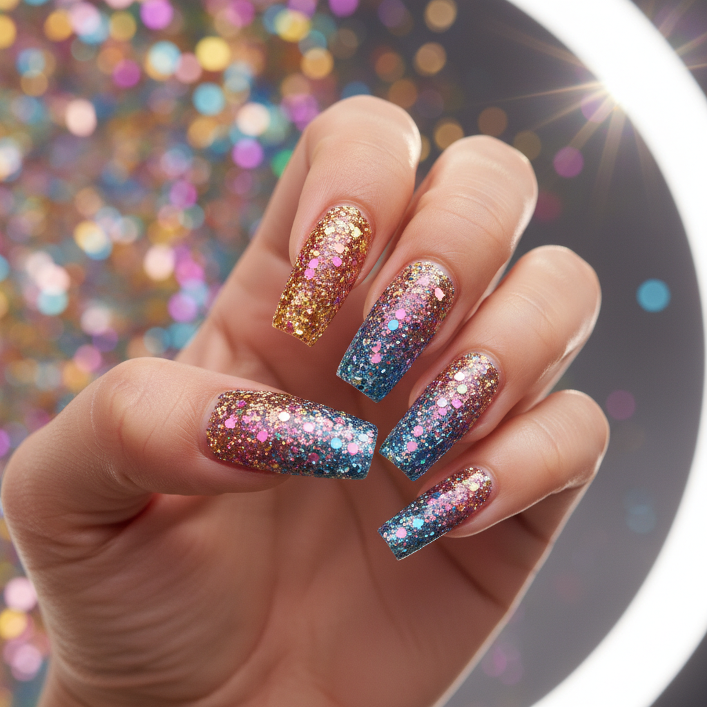 Glitter-bomb Full-coverage Chunky-multi-color Glitter Ombré Long Coffi