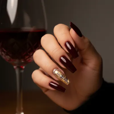 Mob-wife Extra-long Dark Cherry Oxblood Coffin Nails With Single Gold-