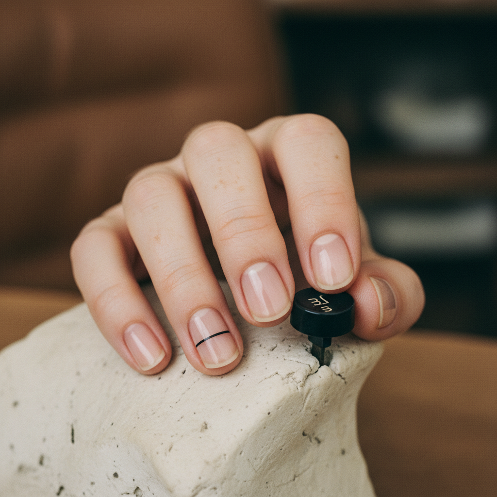 Minimal-aesthetic Short Round Nails in Sheer Nude With a Single Fine c