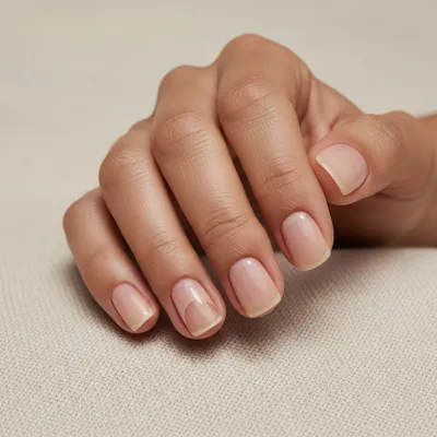 Minimal-aesthetic Short Squoval Nails in Bare Buff With a Single Negat