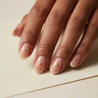 Minimal-aesthetic Short Oval Nails in Sheer Beige With a Tiny Single g