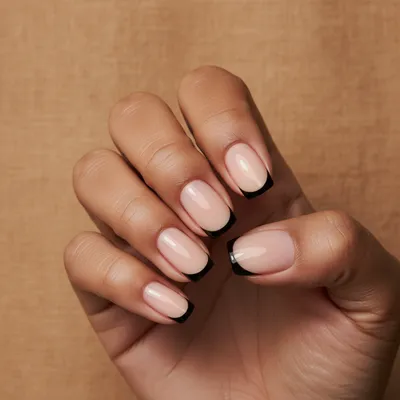 French-revival Modern Thin Black-tip Short Squoval Nails on a Sheer be