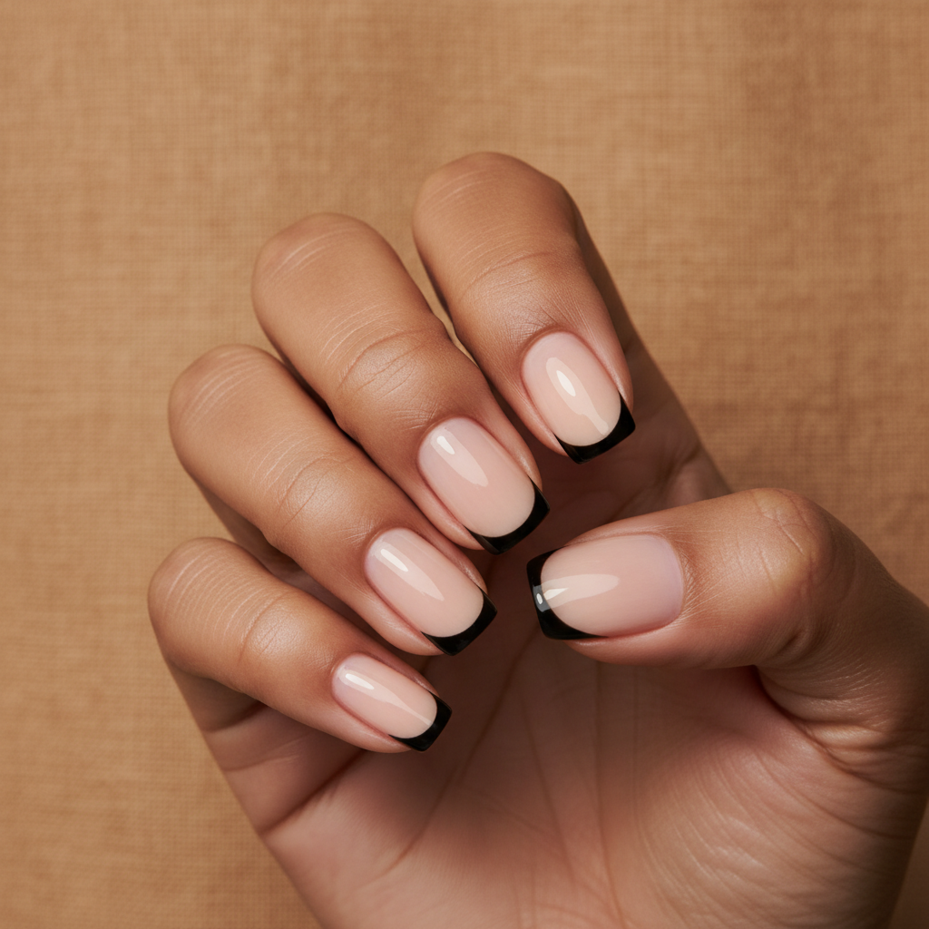 French-revival Modern Thin Black-tip Short Squoval Nails on a Sheer be