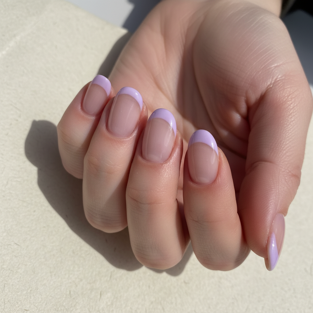 French-revival Lilac-tip Short Oval Nails on a Milky Pearl Base