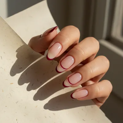 French-revival Reverse-french Long Oval Nails — Thin Burgundy Line at