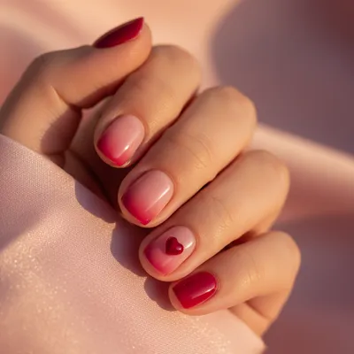 Valentines Pink-and-red Ombré Short Round Nails With a Single Tiny 3D