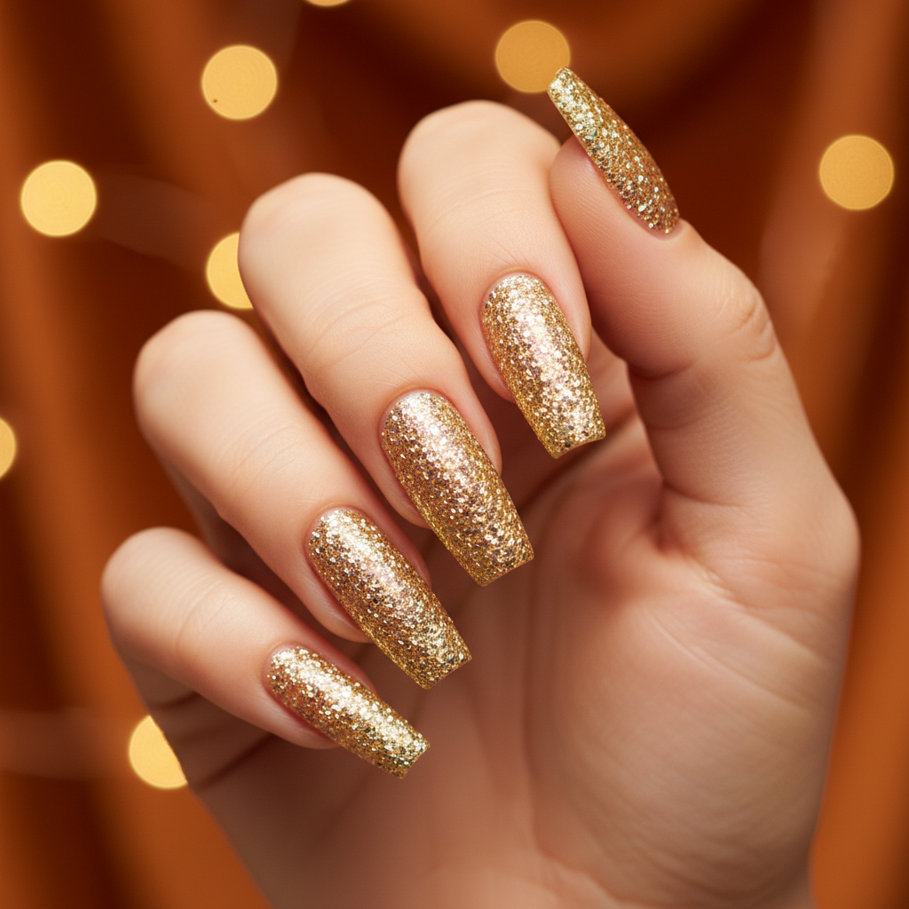 Long Coffin Nails in Dense Champagne-gold Glitter