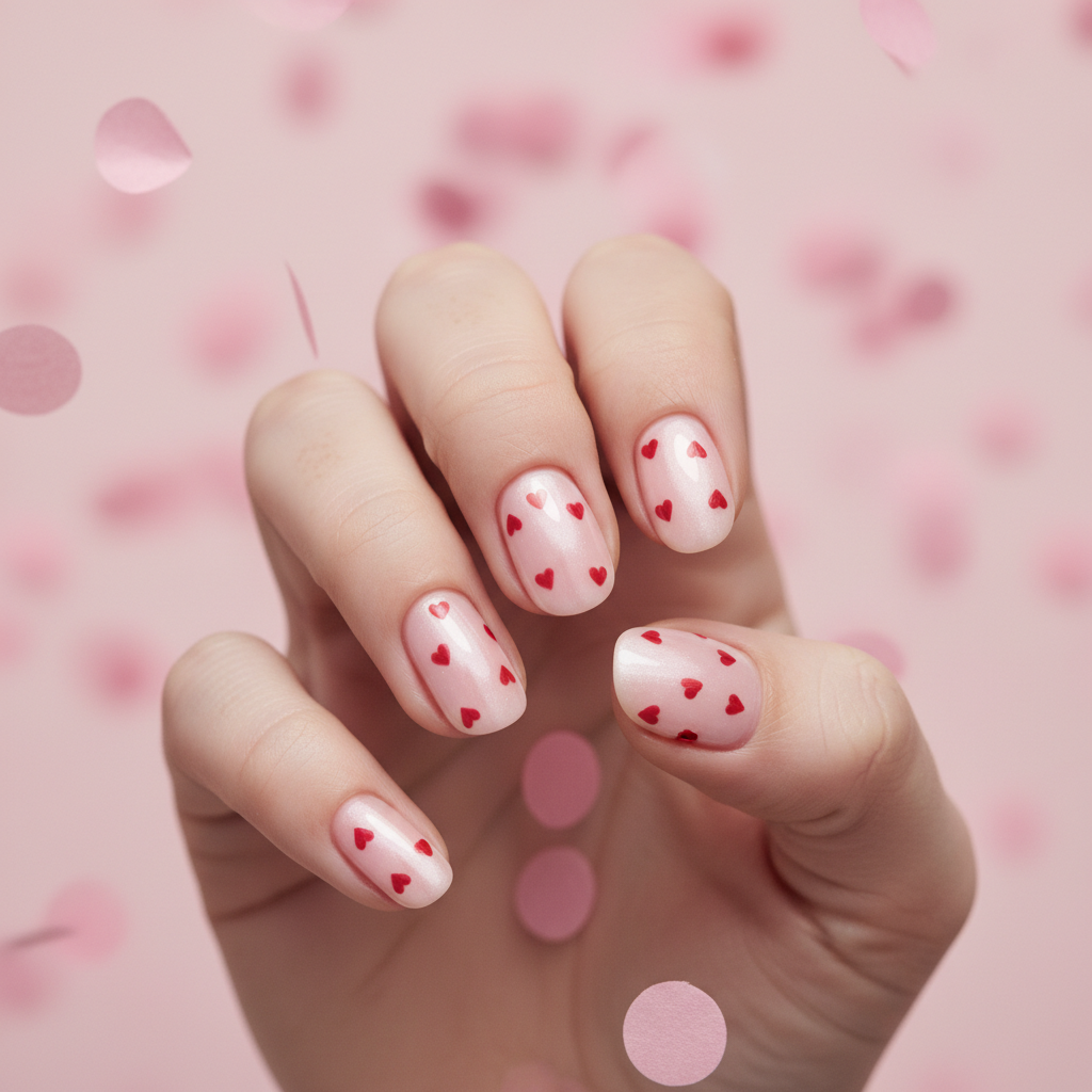 Valentines Pearl-pink Milky Short Oval Nails With Hand-painted Tiny re