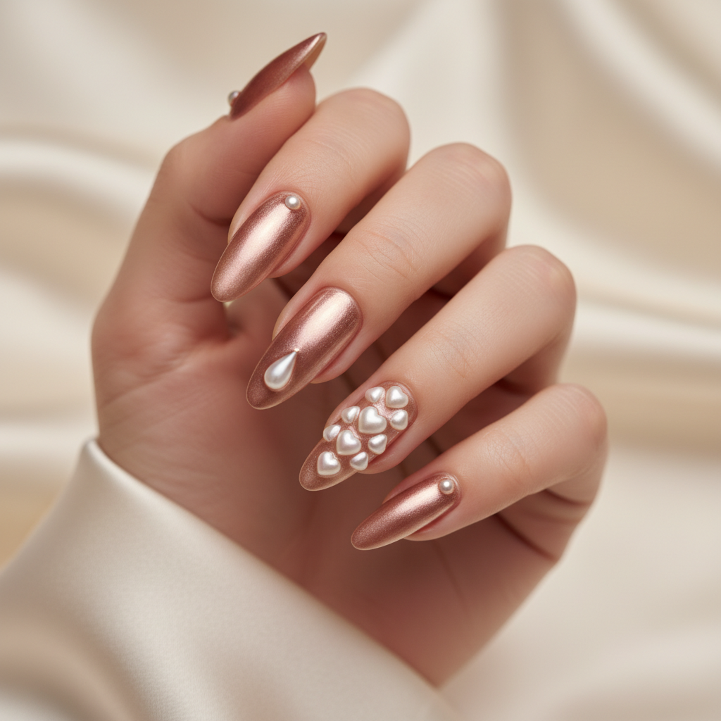Valentines Rose-gold Long Almond Nails With 3D Pearl Heart Cluster on