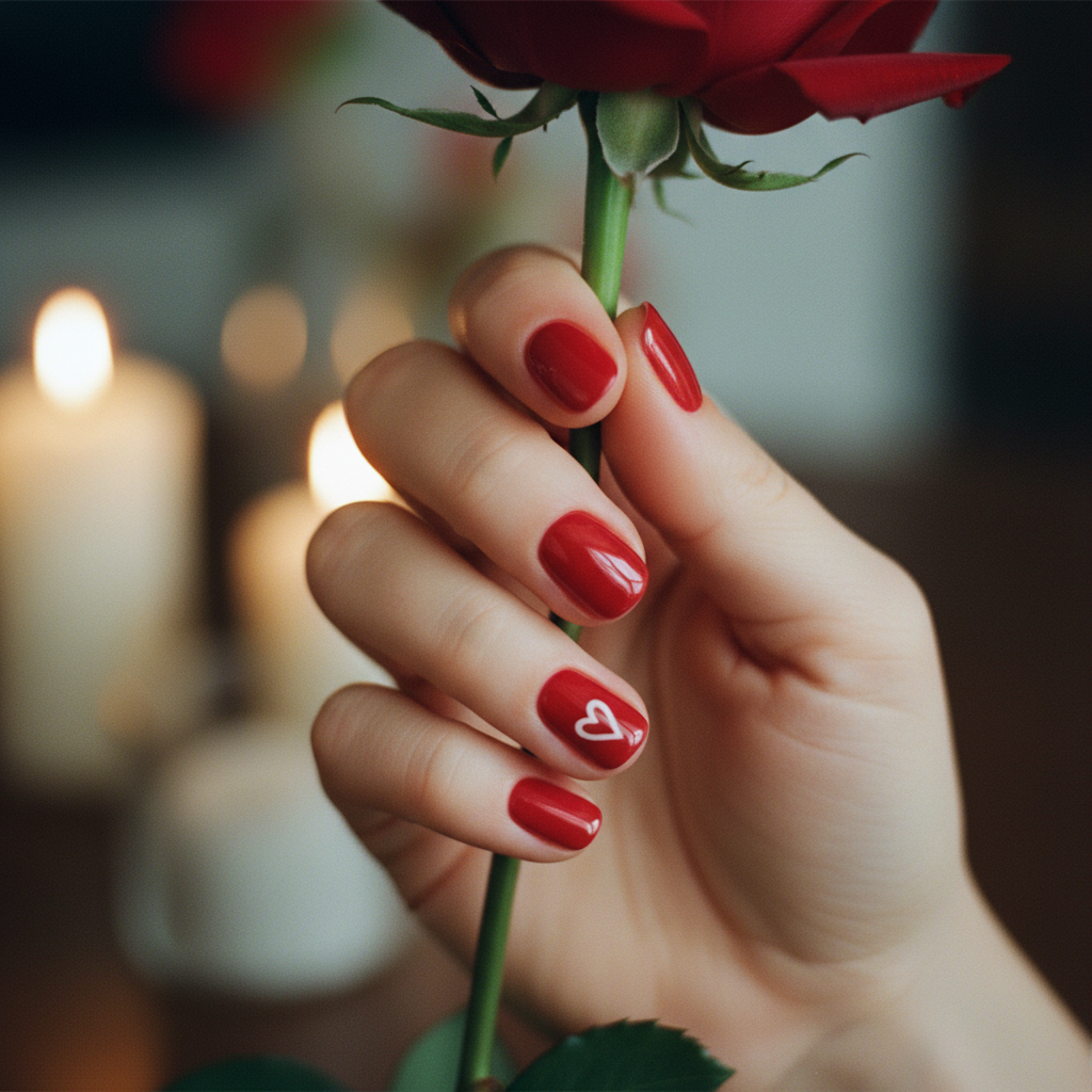 Valentines Glossy Classic Red Short Round Nails With a Single Hand-pai