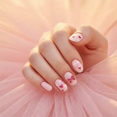 Valentines Coquette Short Oval Nails — Milky Pink Base With 3D Bow on