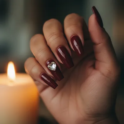 Valentines Glossy Oxblood Deep Wine Long Coffin Nails With Single 3D r