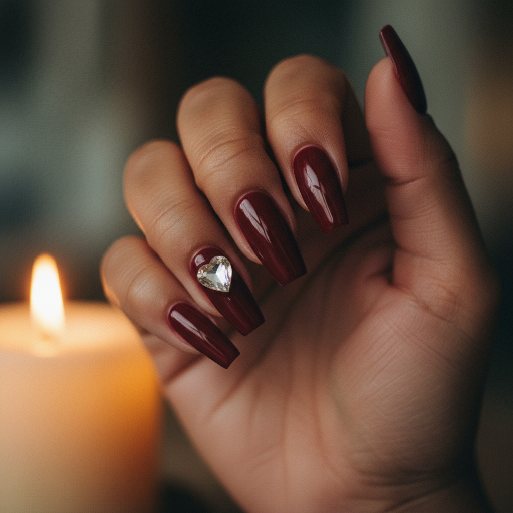 Valentines Glossy Oxblood Deep Wine Long Coffin Nails With Single 3D r