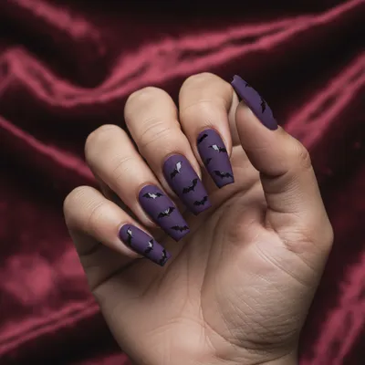 Halloween Extra-long Matte Deep Purple Coffin Nails With Hand-painted