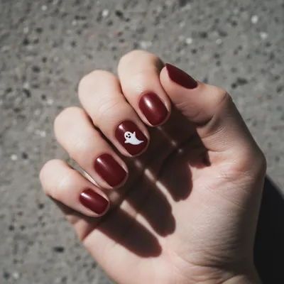 Halloween Short Round Nails in Glossy Oxblood Matte With Hand-painted