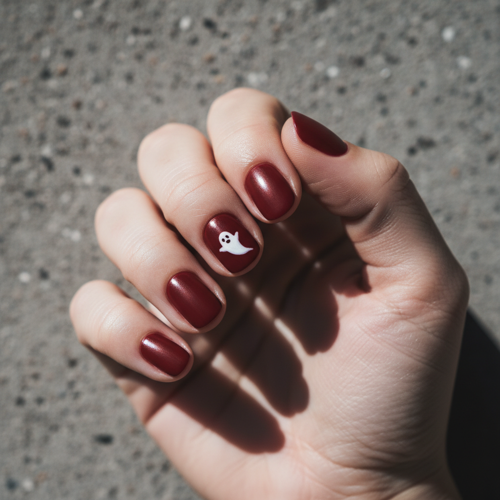 Halloween Short Round Nails in Glossy Oxblood Matte With Hand-painted