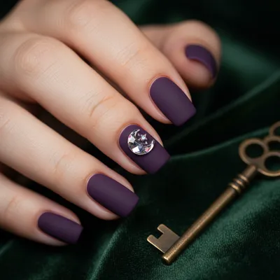 Halloween Matte Deep Purple Square Short Nails With Single 3D Crystal