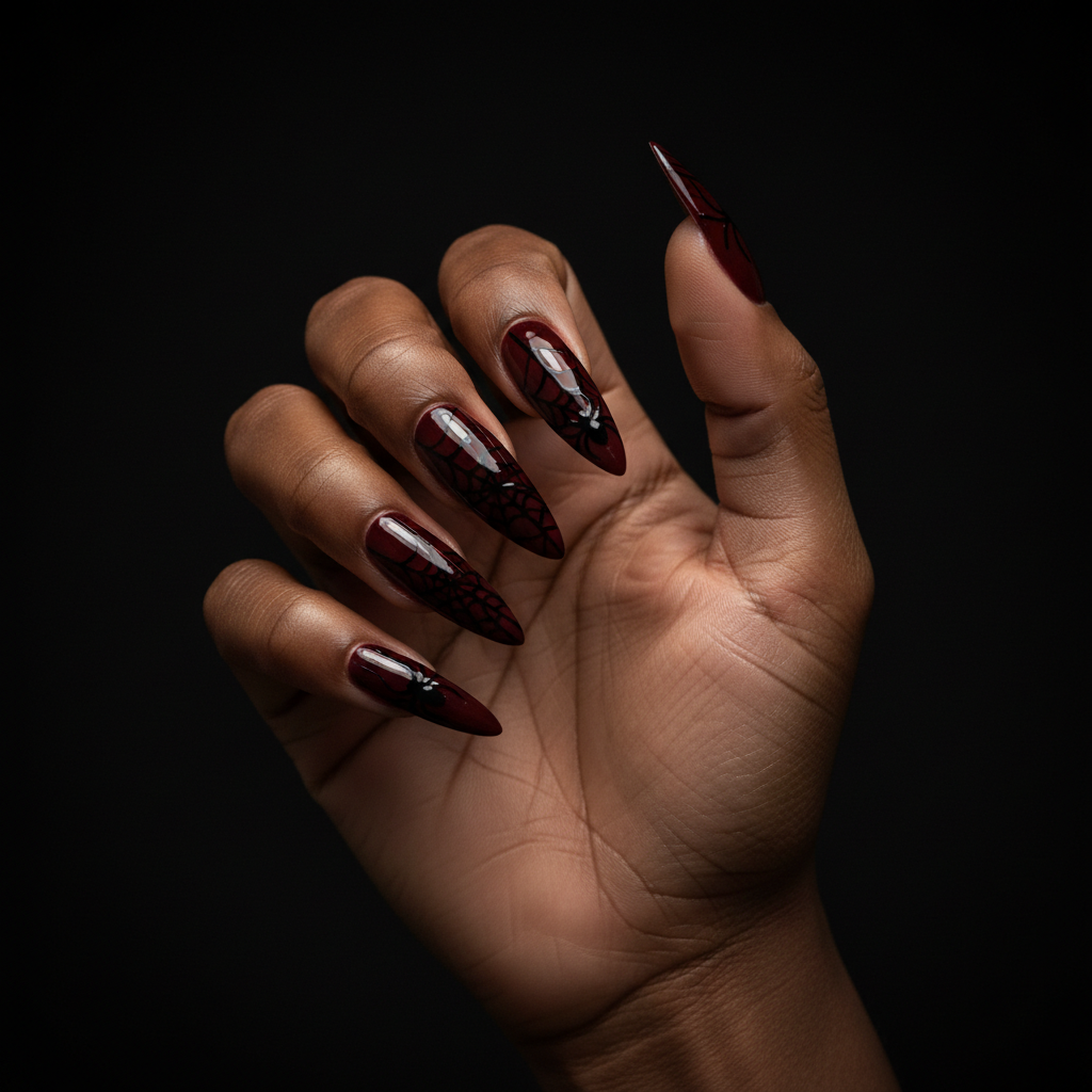 Halloween Extra-long Stiletto Nails in Mob-wife Dark Cherry Oxblood wi