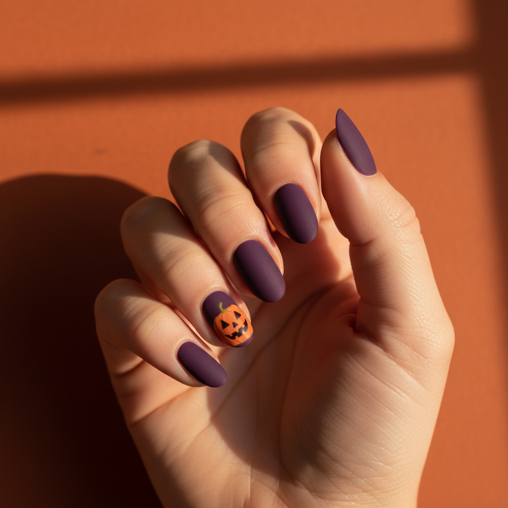 Halloween Matte Purple Long Oval Nails With Hand-painted Tiny Orange j
