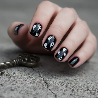 Halloween Short Round Nails in Glossy Black With Hand-painted Tiny Whi
