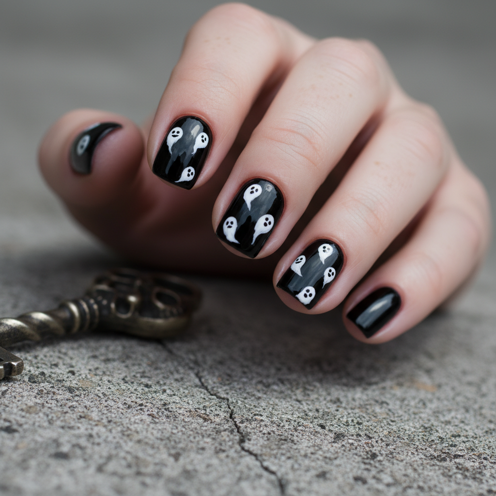 Halloween Short Round Nails in Glossy Black With Hand-painted Tiny Whi