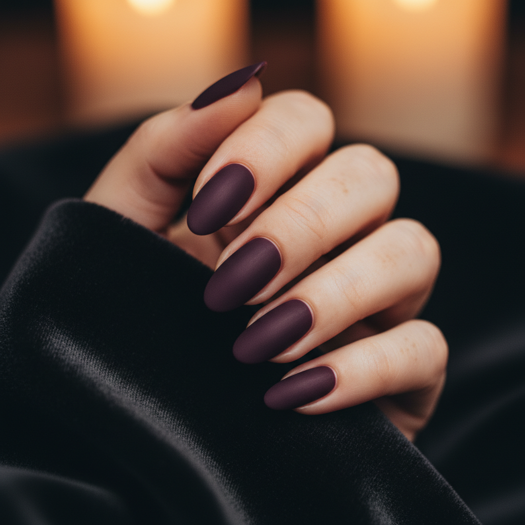Date-night Matte Deep Purple Aubergine Long Oval Nails
