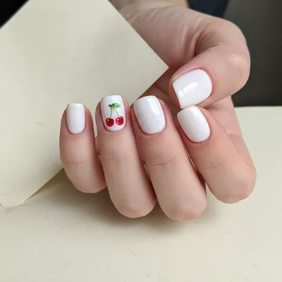Cherry-print Short Round Nails — Two Tiny Hand-painted Cherries on The