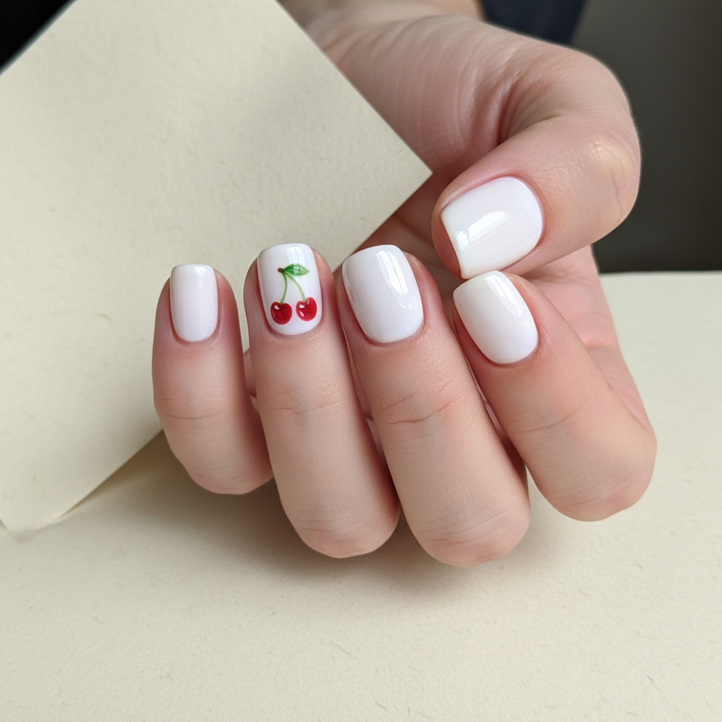 Cherry-print Short Round Nails — Two Tiny Hand-painted Cherries on The
