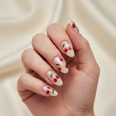 Cherry-print Long Oval Nails — Multiple Tiny Hand-painted Red Cherries