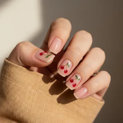 Cherry-print Short Squoval Nails — Tiny Hand-painted Cherries on The r