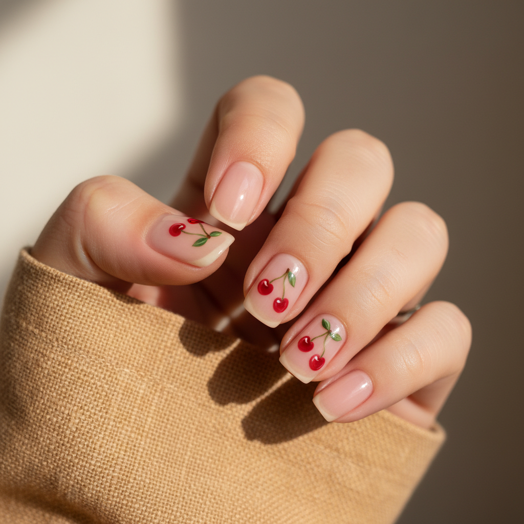 Cherry-print Short Squoval Nails — Tiny Hand-painted Cherries on The r