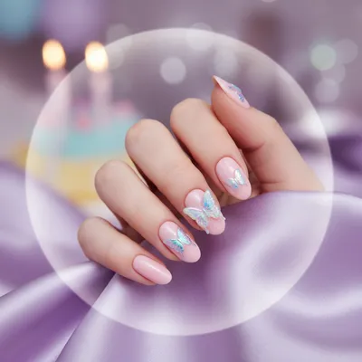 Y2K Butterfly-decal Short Oval Nails With Sculpted 3D Holographic Butt
