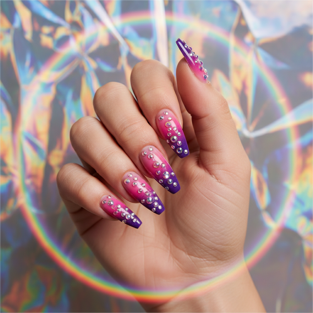 Y2K Hot-pink-to-purple Ombré Long Stiletto Nails With Rhinestone Scatt