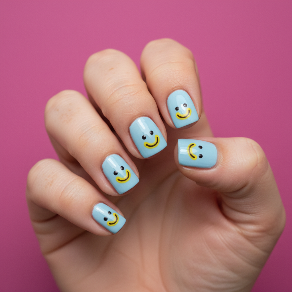 Y2K Smiley-face Short Round Nails — Tiny Hand-painted Yellow Smileys o