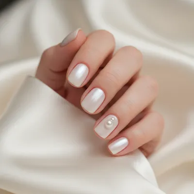 Wedding Bridal Short Round Nails in Milky Pearl With Single 3D Pearl a