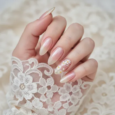 Wedding Bridal Long Almond Nails in Sheer Rose-pearl With Hand-painted