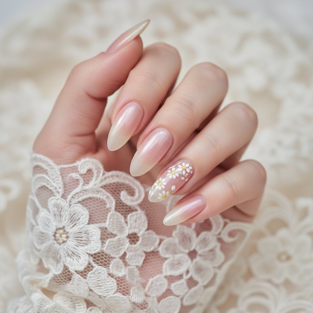 Wedding Bridal Long Almond Nails in Sheer Rose-pearl With Hand-painted