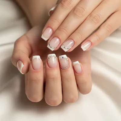 Wedding Bridal Short Squoval Nails With Rhinestone-pearl French-reviva