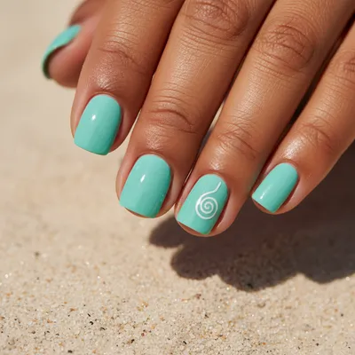 Turquoise Sea-glass Short Round Nails With Single Hand-painted White s