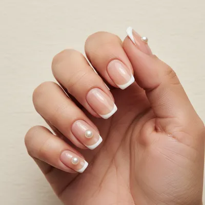 Beige Sheer-stone Long Round Nails With Micro-french Clean Tip And Sin