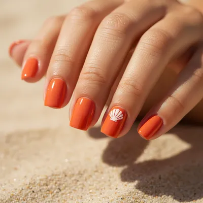 Orange Tangerine Short Square Nails With Hand-painted Tiny White Shell
