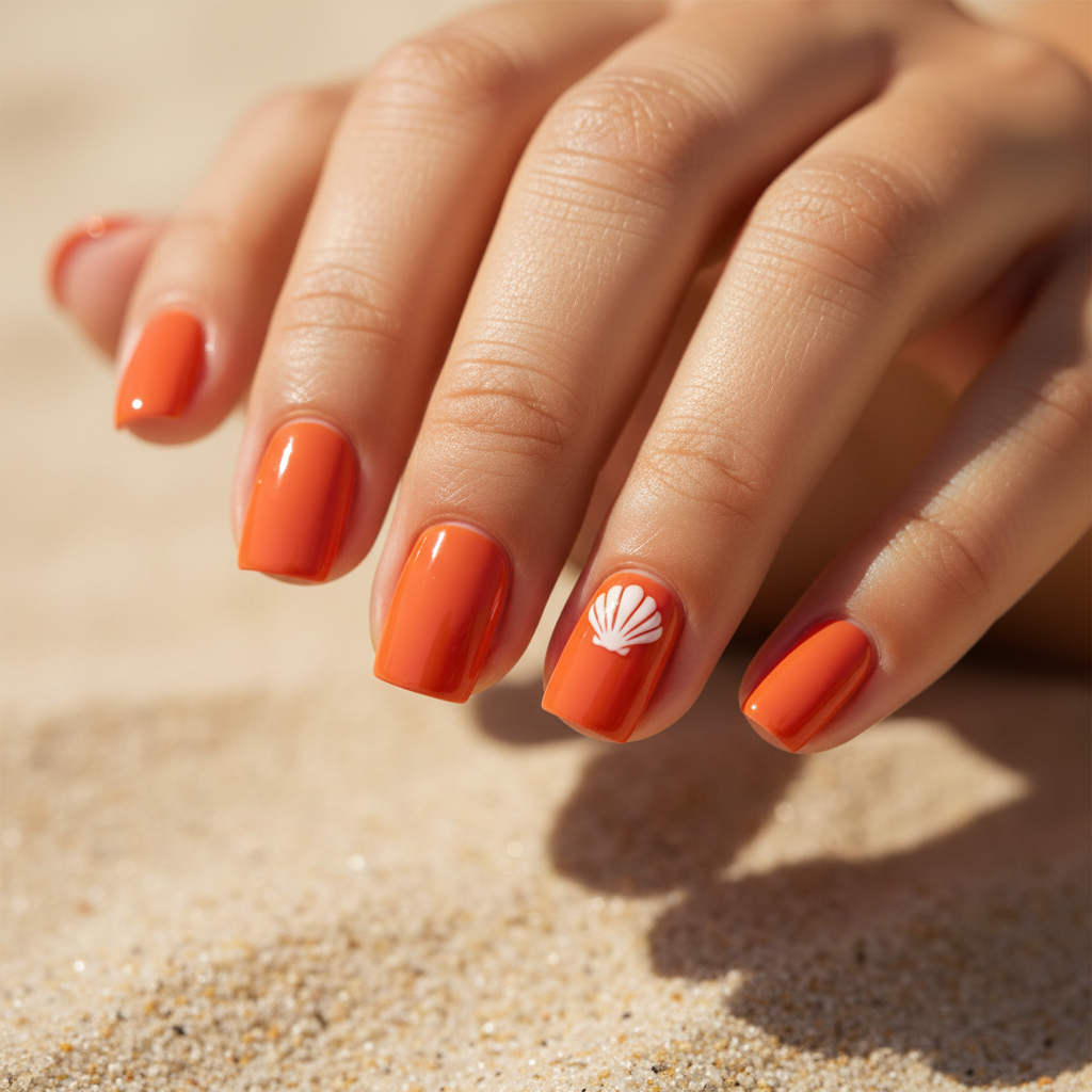 Orange Tangerine Short Square Nails With Hand-painted Tiny White Shell