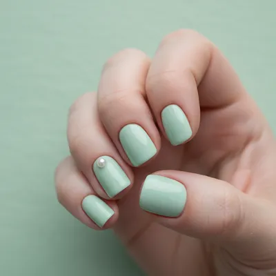 Mint Pastel-green Short Round Nails With Single Tiny Pearl 3D Accent o