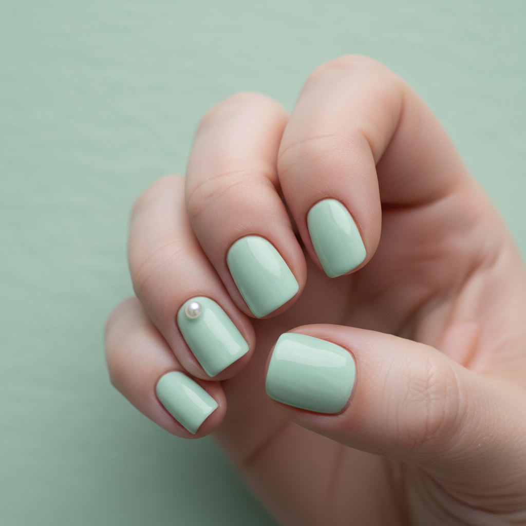 Mint Pastel-green Short Round Nails With Single Tiny Pearl 3D Accent o