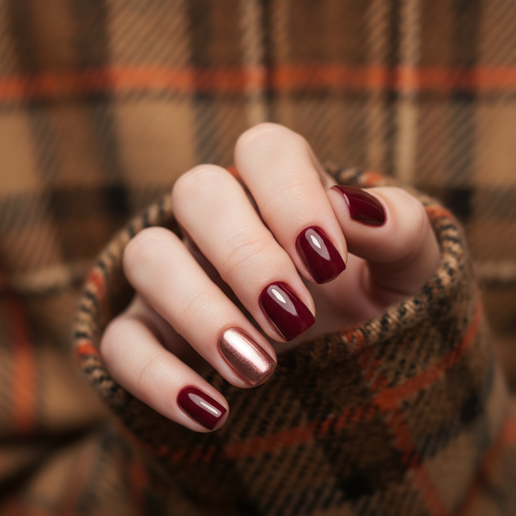 Burgundy Deep Wine Short Square Nails With Rose-gold-chrome Accent Fin