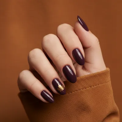 Purple Deep Aubergine Long Oval Nails With Hand-painted Single Tiny go