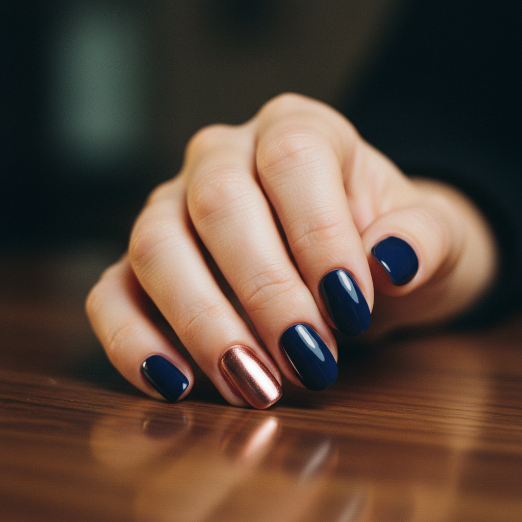Navy Gel Short Round Nails With Rose-gold-chrome Accent Finger