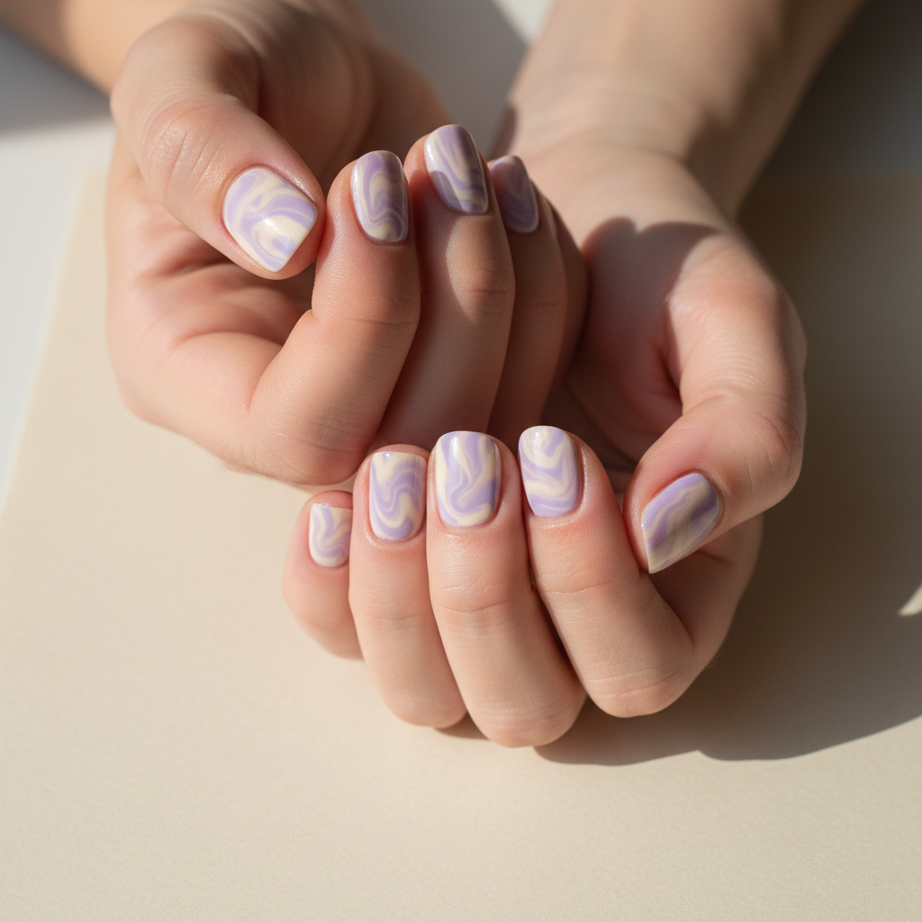 Marble Pastel-purple-and-cream Swirl-veining Short Round Nails